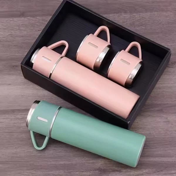 nsulated Stainless Steel Vacuum Flask Set with 3 Cups – 500ml Double Wall Hot & Cold Bottle for Tea, Coffee, Travel & Office Use (Random Colour, Pack of 1)