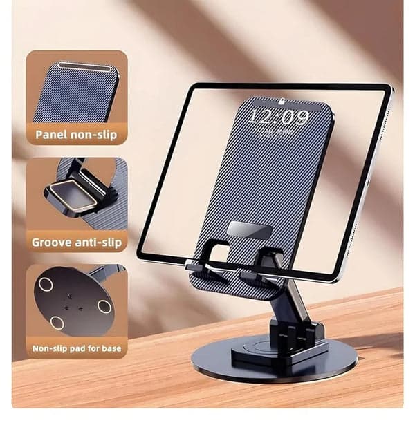 Foldable & Portable Metal Tabletop Mobile Stand with Stable Base – Height & Angle Adjustable Phone Holder for Smartphones