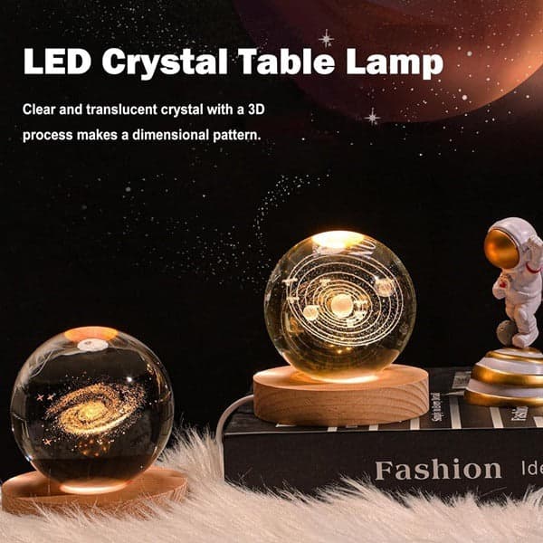Crystal Ball Astronomy Night Lamp – Luminous Clear Round Crystal Sculpture with Wooden Base for Bedroom, Home Décor & Gifting (Random | Pack of 1)