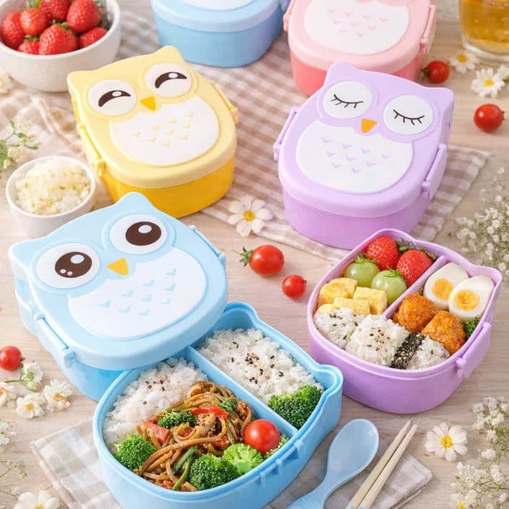 Owl Lunch Box – Cute Cartoon Kids Lunch Box for School & Travel (Random color-Pack of 1)